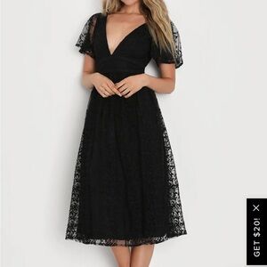 Elegant Approach Black Embroidered Flutter Sleeve Midi Dress